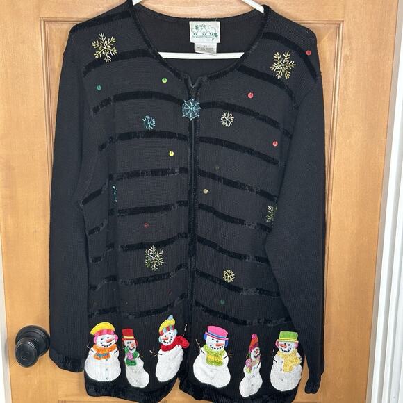 Quacker Factory Winter Snowman Zip Sweater 1X Black Embellished Cardigan - Picture 1 of 8